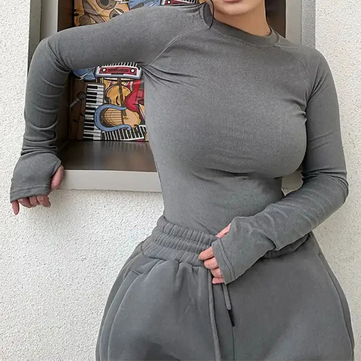 Women Slim Fit Long Sleeve Top Crew Neck Thumbhole Cuffs Solid Color Bodycon Shirt Breathable Basic Tee for Daily Wear Tops Wear