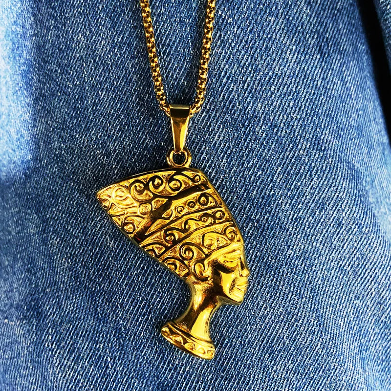 Fashion African Jewelry Stainless Steel Egyptian Queen Pendant Women Hophop 18k Gold Plated Nefertiti Pendant Necklace for Women