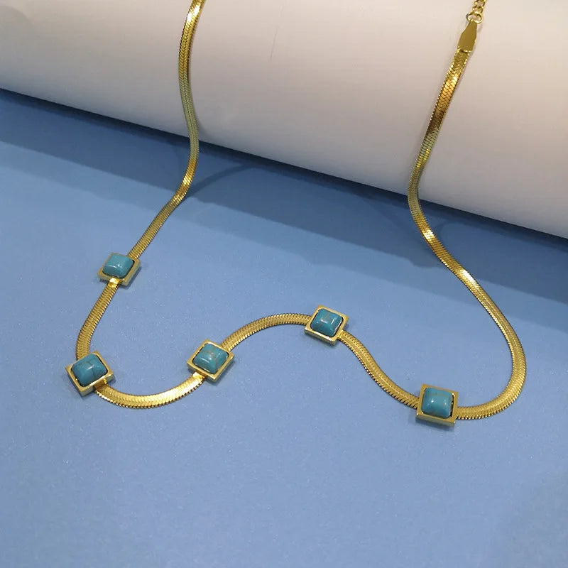 bold chic fashion women stainless steel 18k gold plated snake chain turquoise bead charms choker necklace jewelry