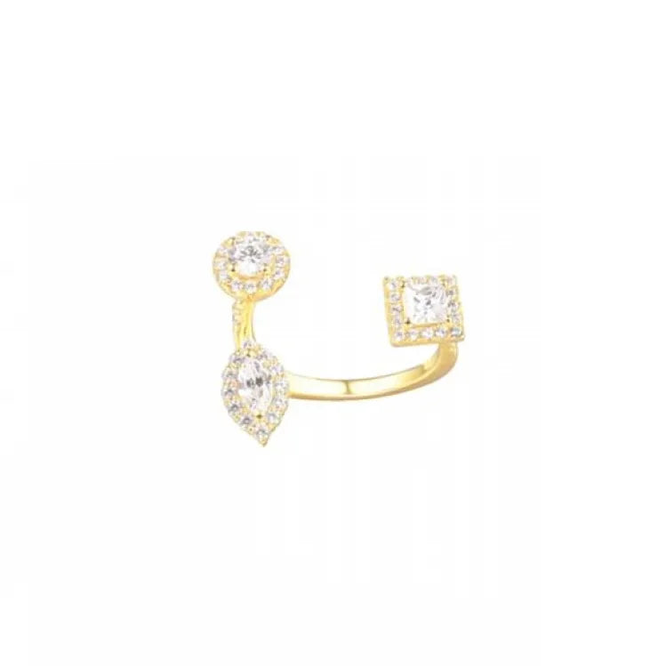 Adjustable Brass 18K Gold Plated Round Marquise and Square Shape Cut Zircon Open Ring for Women Stacking Gift