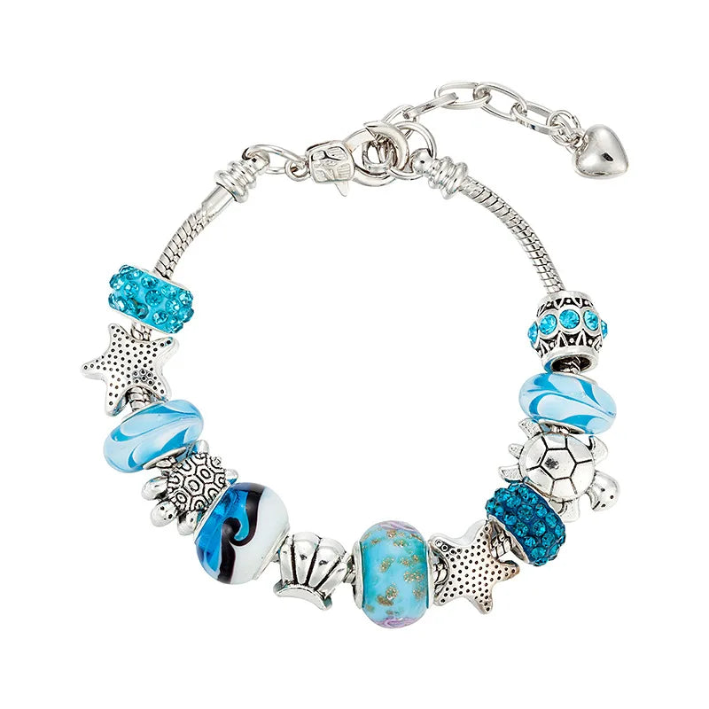 BINSHUO Jewelry Hot Sale Alloy Plated Blue Ocean Collection DIY Ladies Bracelet Starfish Turtle Beaded Bracelet Jewelry
