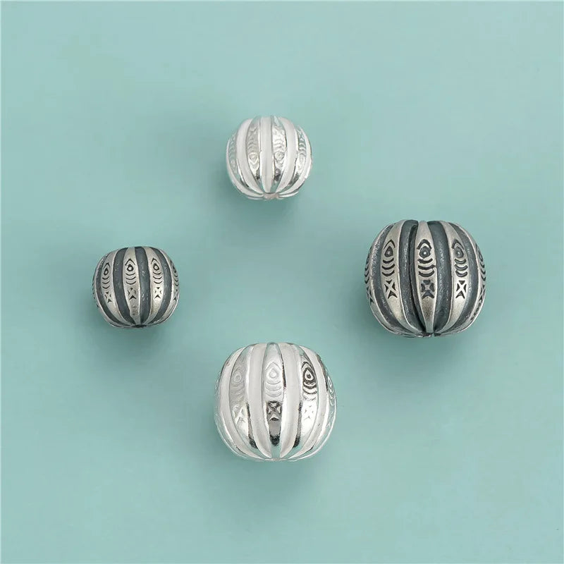 10mm 14mm Retro 925 Sterling Silver Small Fish Pattern Round Charm Beads Antique Silver Round Loose Bead for Jewelry Making