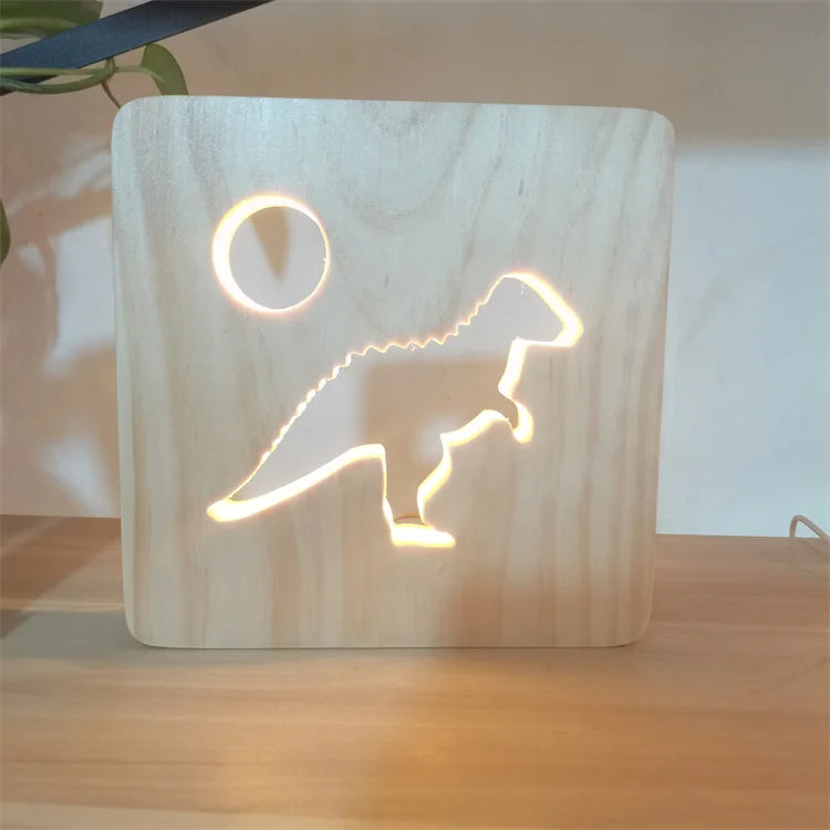 Modern LED Rectangle Dinosaur Night Light White Wooden USB Dimmable Atmosphere Table Lamp Children's Room Mini CE Certified Home