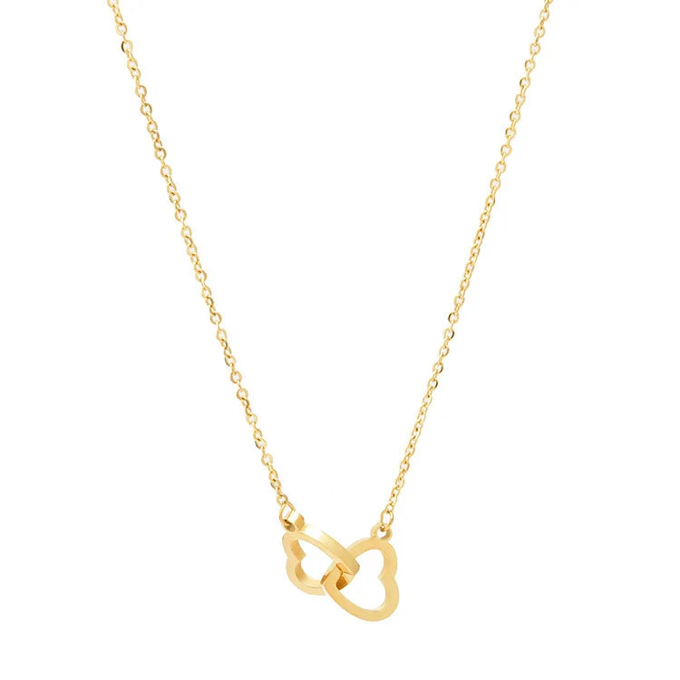 Trendy 18k Rose Gold Plated Simple Double Glossy Peach Heart Ring love Clavicle Chain Titanium Steel Necklace
