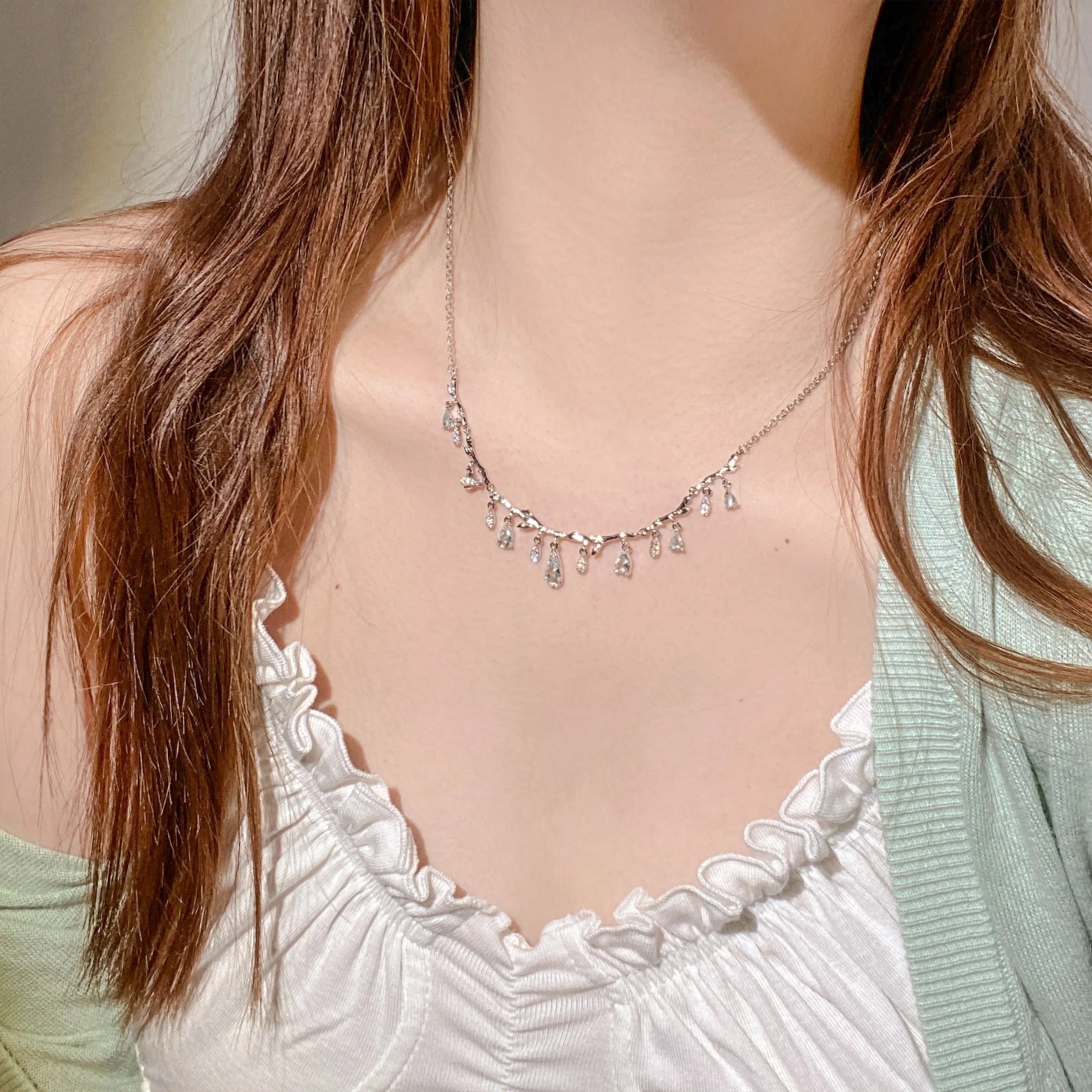 INS Delicate Fringe Choker Necklace Light Blue Drop Zircon Stone Silver Plated Tassel Women Girl Party Necklaces Jewelry Gift