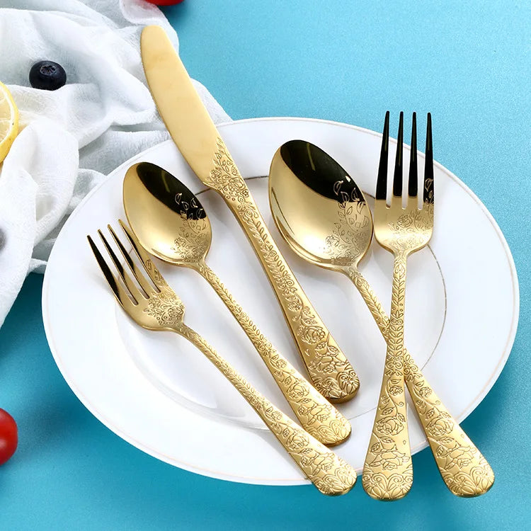Light Luxury Retro Double Sided Carved Spoon Fork Knife Set Stainless Steel Silverware Flatware Gold Cutlery Set for Wedding