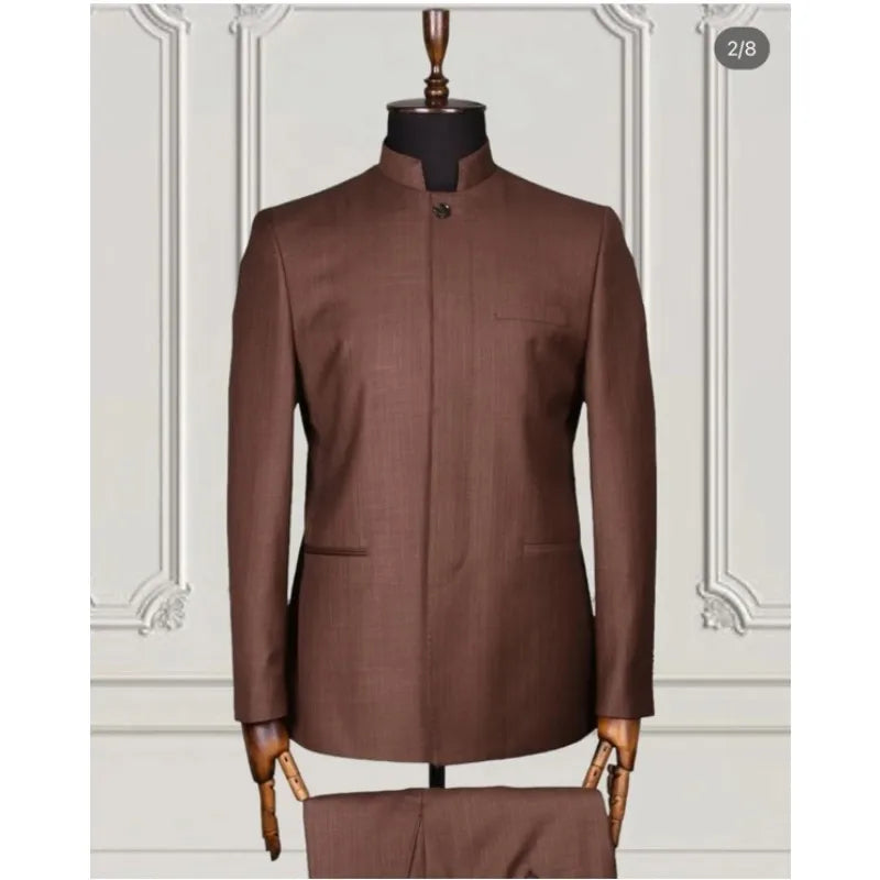 Retro Men Suits Stand Collar Elegant Dress Costume Homme Tuxedos Groom Wedding Prom Tailored Blazer Sets 2 Pc Jacket+Pant