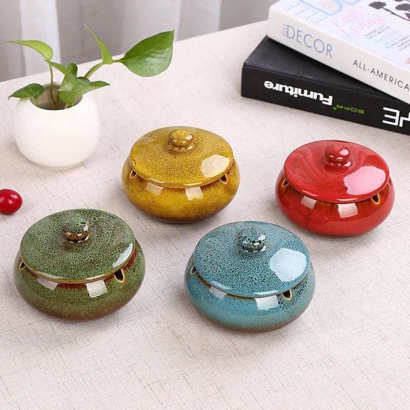 MSH Custom Retro Kiln Change Round Ceramic Non-Smoking Ashtray With Lid for Office