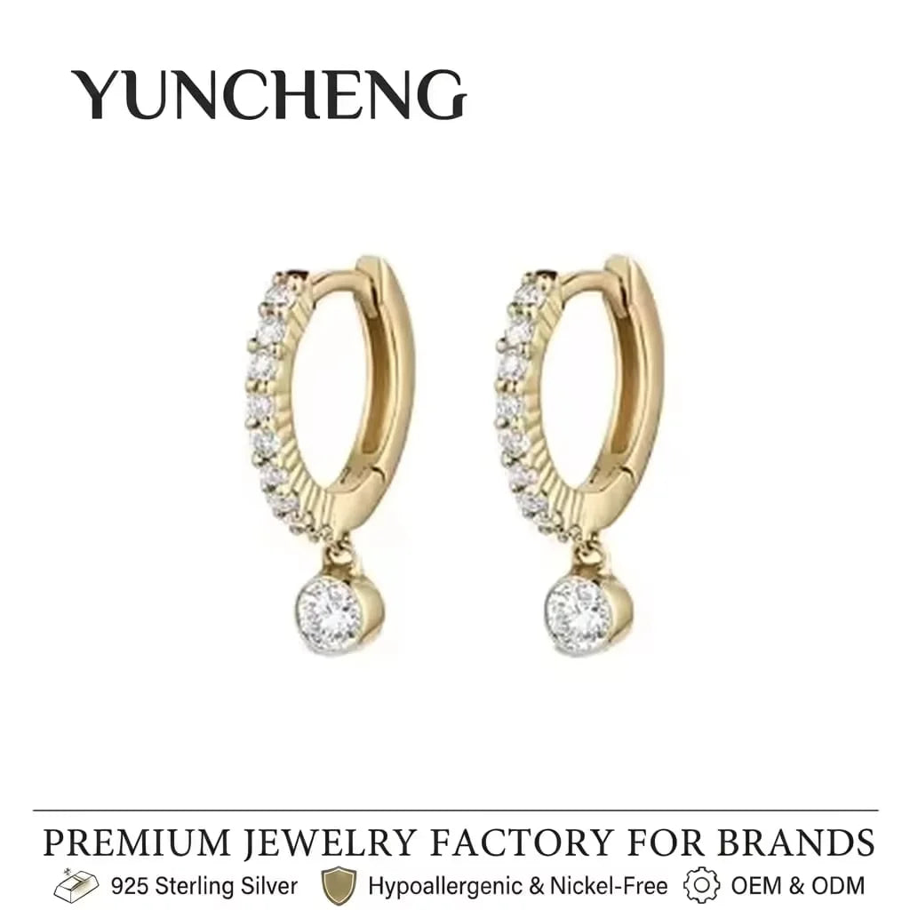 YUNCHENG 925 Sterling Silver 14K Gold Plated Huggie Drop Earrings with Round CZ 10mm Hypoallergenic Jewelry Gift for Women