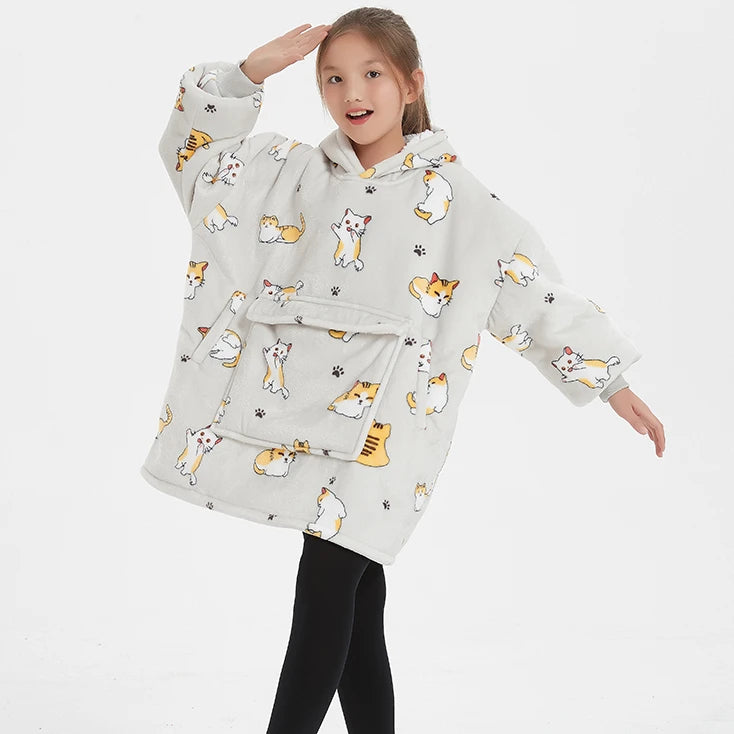 Factory Customized Children Wearable Animal Blanket Sweatshirt for Winter Personalized Hoodie Blanket with Sleeves