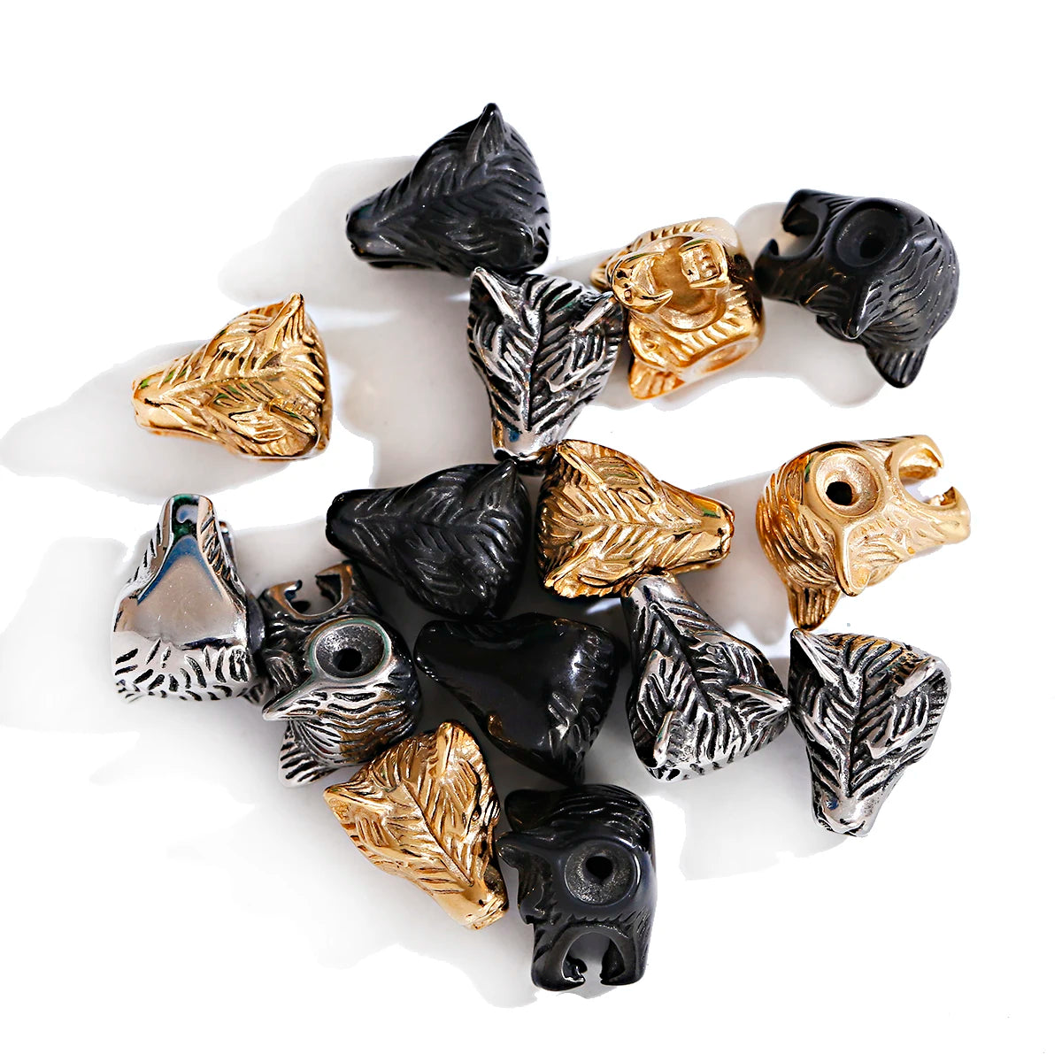 Douvei Stainless Steel Beads for Jewelry Making Gold Plated Wolf Head Engraved Metal Bracelet Spacer Beads