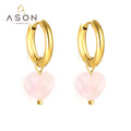 Ason Jewelry Stainless Steel Fashion Gold Plating pink Stone Heart Pendant Huggie Drop Hoop Earring for Women Girlfriend Gift