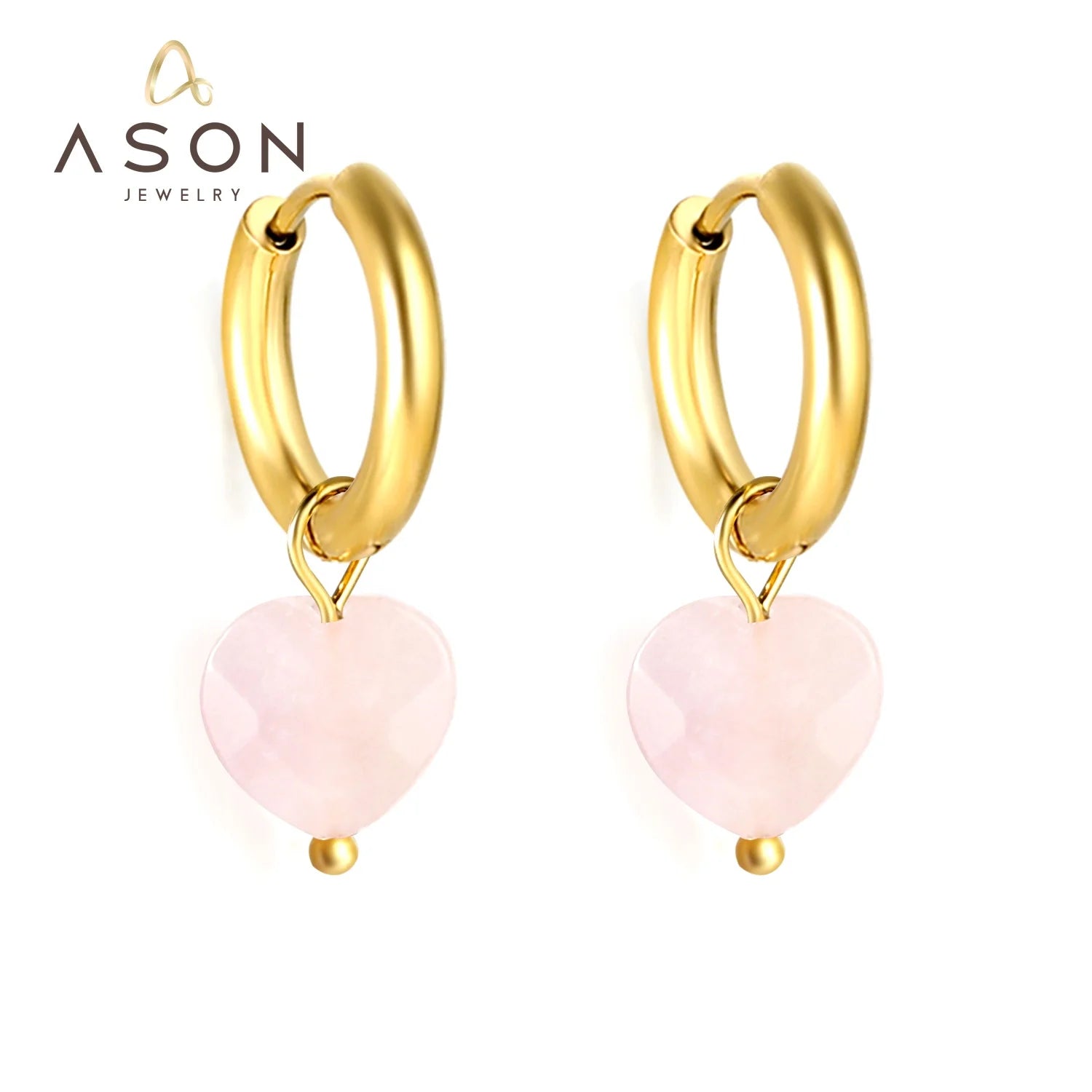 Ason Jewelry Stainless Steel Fashion Gold Plating pink Stone Heart Pendant Huggie Drop Hoop Earring for Women Girlfriend Gift