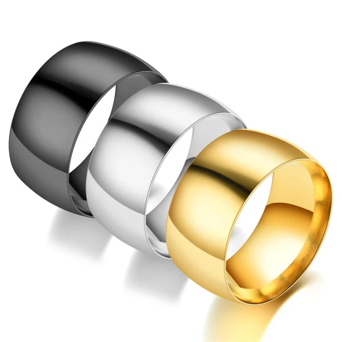 12mm Width Blank Engraved Custom Non Tarnish Simple Classic Gold Plated High Mirror Polish Stainless Steel Wide Band Rings Men