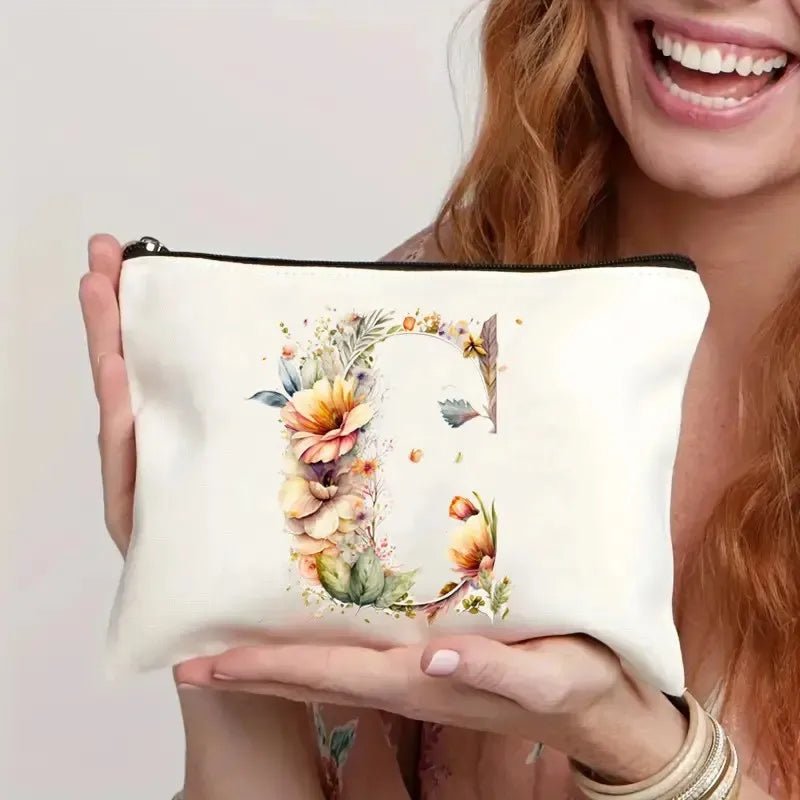 Trendy Canvas Cosmetic Pouch for Women Double-Sided Printed Simple Letter Design Zippered Multifunctional Makeup Bag