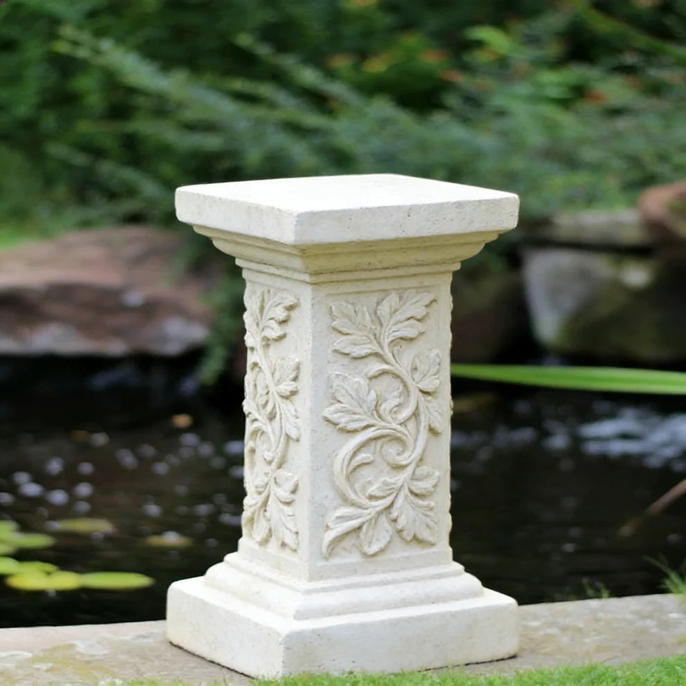 Vine-Carved Resin Pedestal - Stone-Effect Finish Ornate Leaf Detail Base for Sculptures & Luxury Water Garden Displays