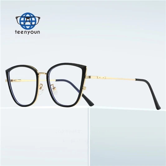 Teenyoun Factory Newest Cat Eye Anti Blue Light Metal Glasses Personality Inlaid Diamond Frame Flat Glasses for Men and Women