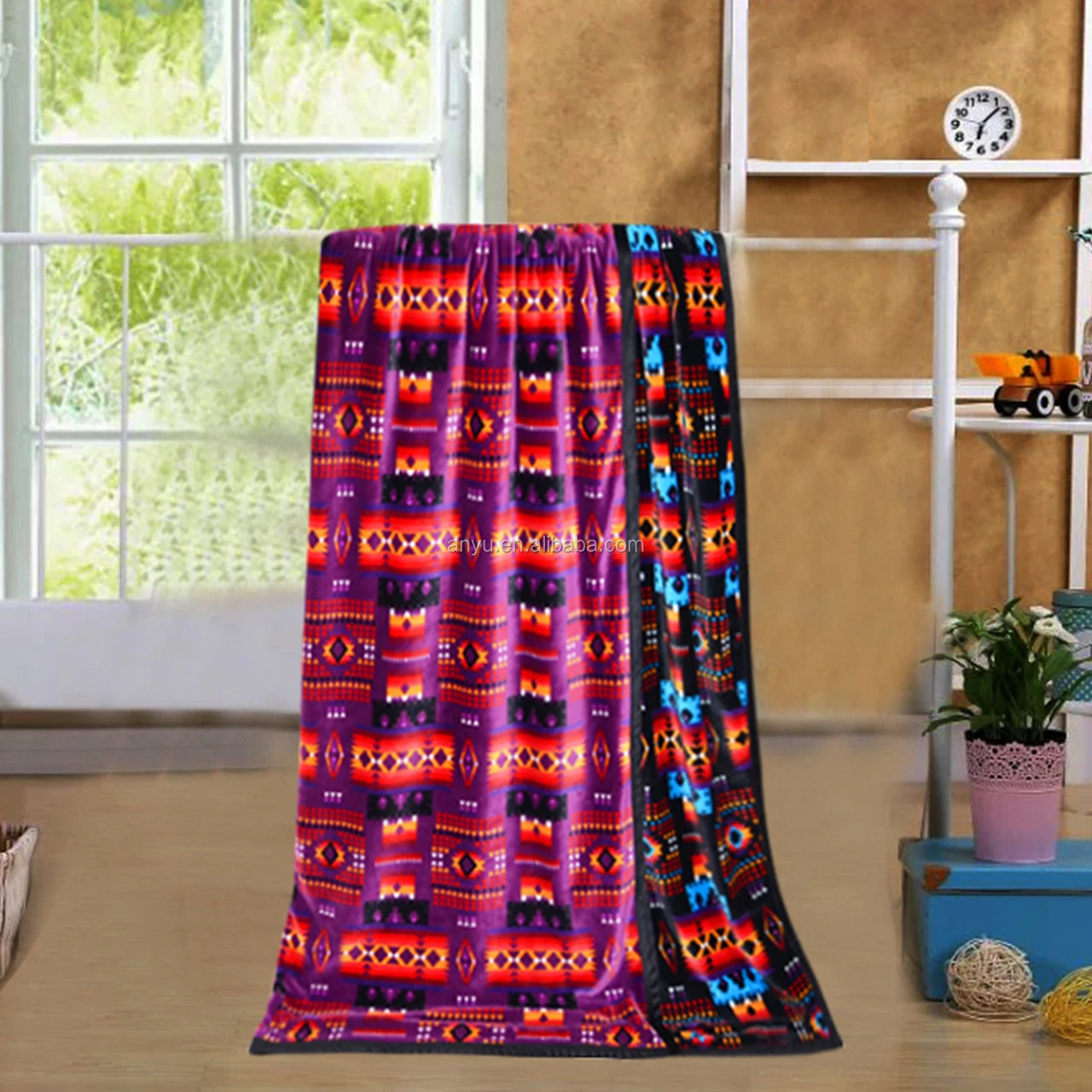 2PLY Purple Colors Super Soft Southwest Native Patterns Flannel Blanket for Winter Reversible