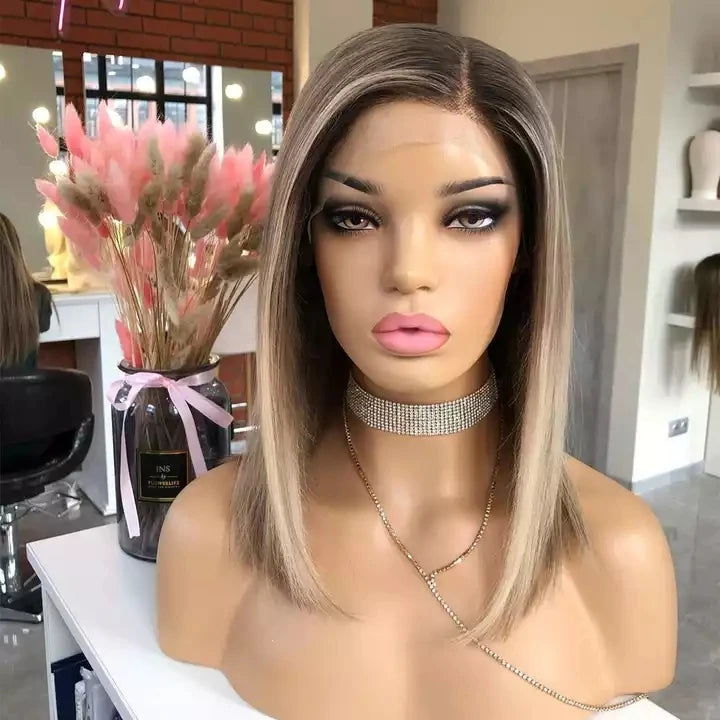 Top Quality Ombre Highlights Ash Blonde Human Hair Wigs for Black Women Straight Raw Vietnamese Hair Transparent Lace Front Wig