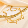 Double Layer Stainless Steel Anklet with Cross Design Gold Plated Christianity Prayer Jewelry for Parties