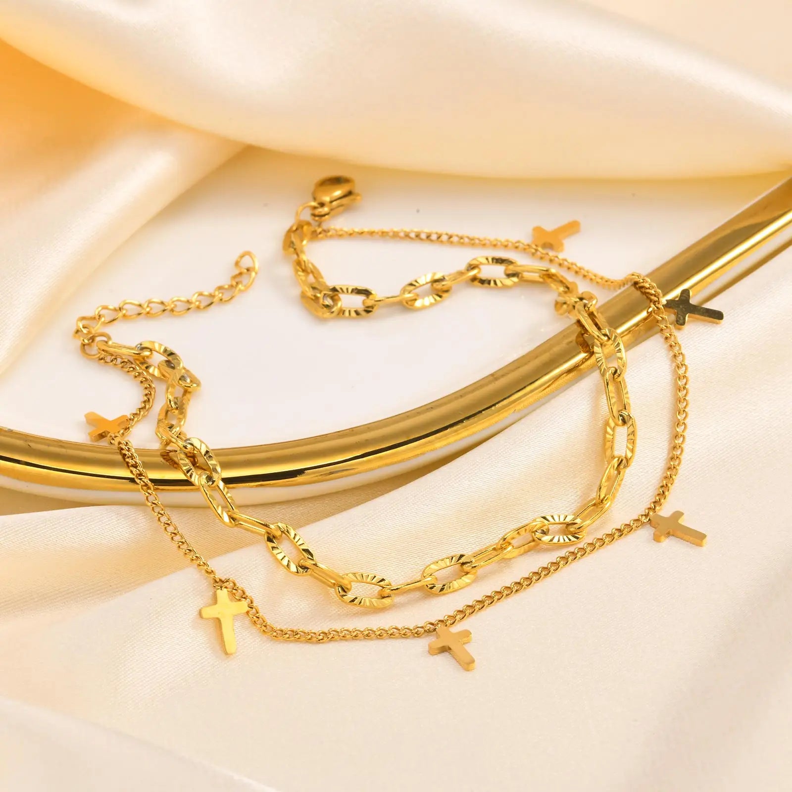 Double Layer Stainless Steel Anklet with Cross Design Gold Plated Christianity Prayer Jewelry for Parties