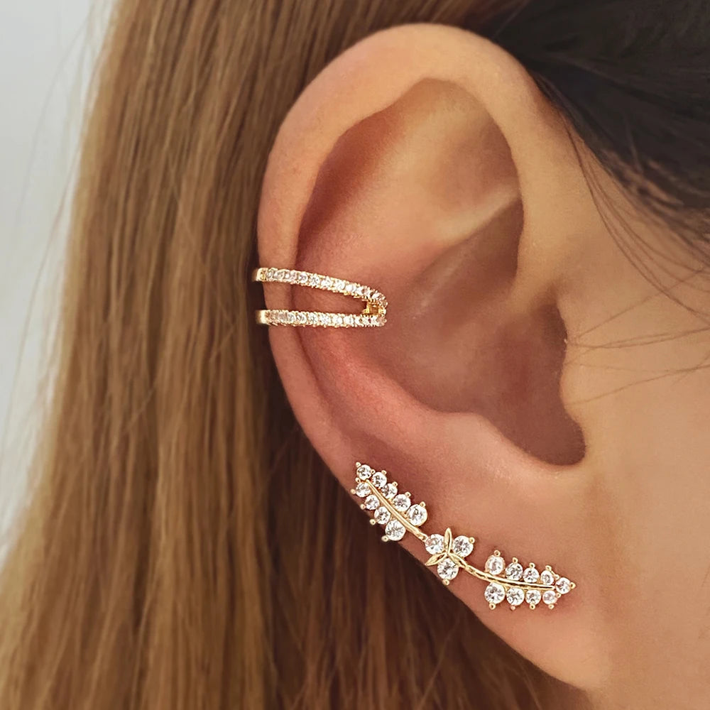 VKME Women Fashion Jewelry Leaves Zircon Gold Plated Clip Earrings Set