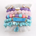 6pc Set Gold CZ Bangle Turquoise Chip Stone Stretch Natural Gemstone Beaded Bracelet Turquoise Druzy Stack Bracelet Set