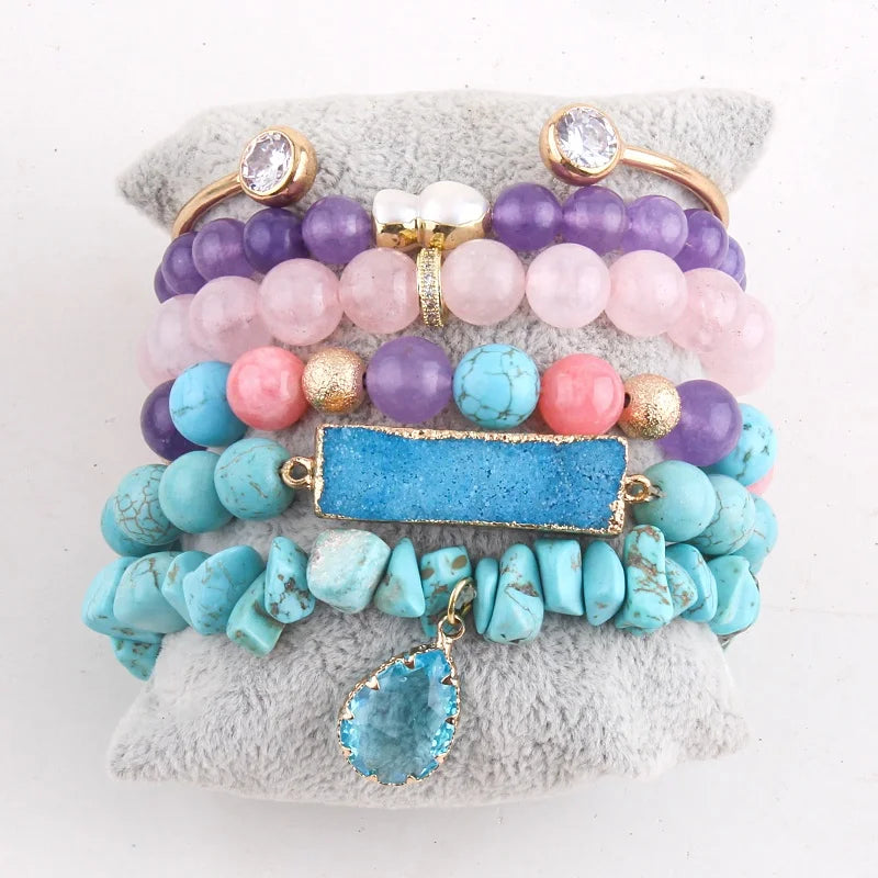 6pc Set Gold CZ Bangle Turquoise Chip Stone Stretch Natural Gemstone Beaded Bracelet Turquoise Druzy Stack Bracelet Set