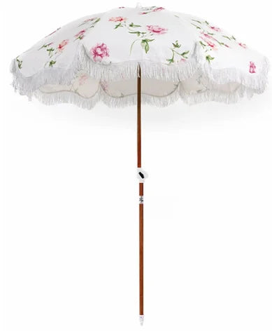 Cotton Tassels Beach Umbrella Manual Control Sand Anchor Tilt Wood Pole Portable UV 50+ Protection Outdoor Patio Beach Umbrella