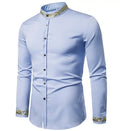 New Fashion Men's Shirts European American Embroidered Long Sleeve Men Dress Shirt Henley Neck Shirt