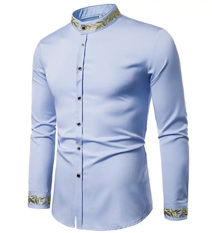 New Fashion Men's Shirts European American Embroidered Long Sleeve Men Dress Shirt Henley Neck Shirt