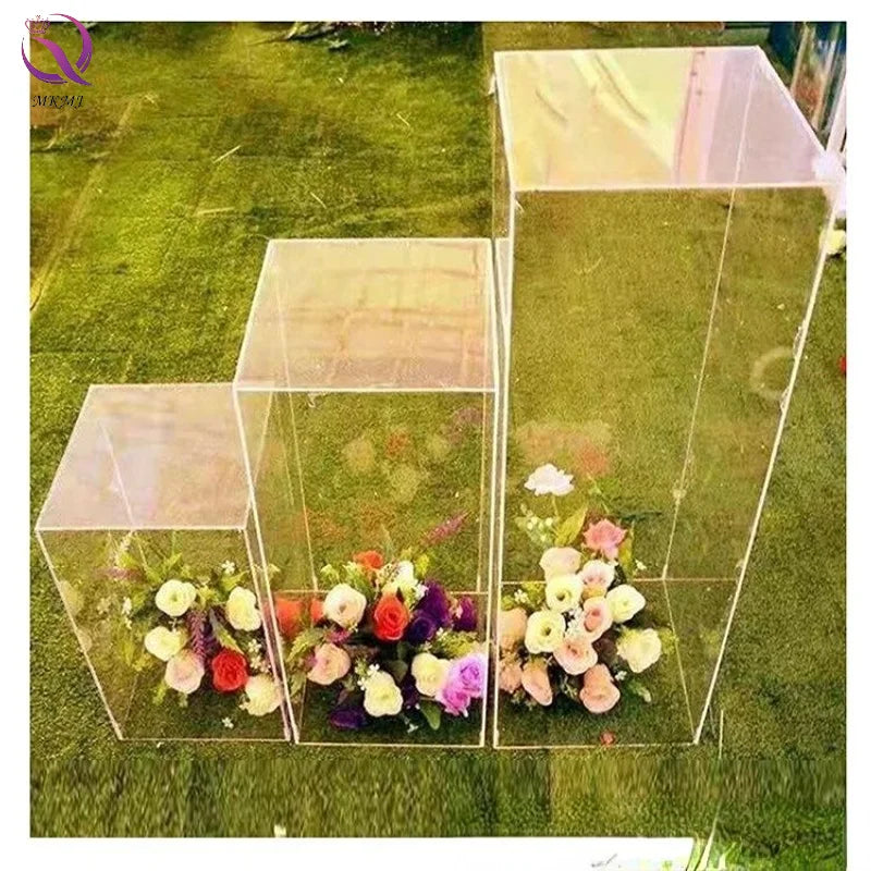 Wedding Centerpiece Aisle Flower Stand Transparent Crystal Square Acrylic Runway Light Box Flower Rack