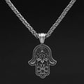 Hot Selling Religious Amulet Devil Eye Necklace Retro Antique Silver Carved Flower Fatima Hamsa Hand Necklace Gifts for Men
