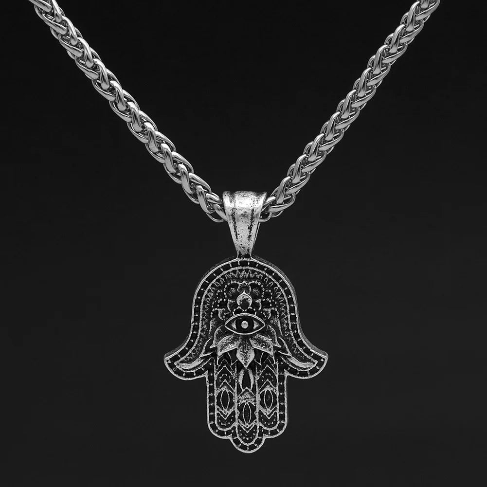 Hot Selling Religious Amulet Devil Eye Necklace Retro Antique Silver Carved Flower Fatima Hamsa Hand Necklace Gifts for Men