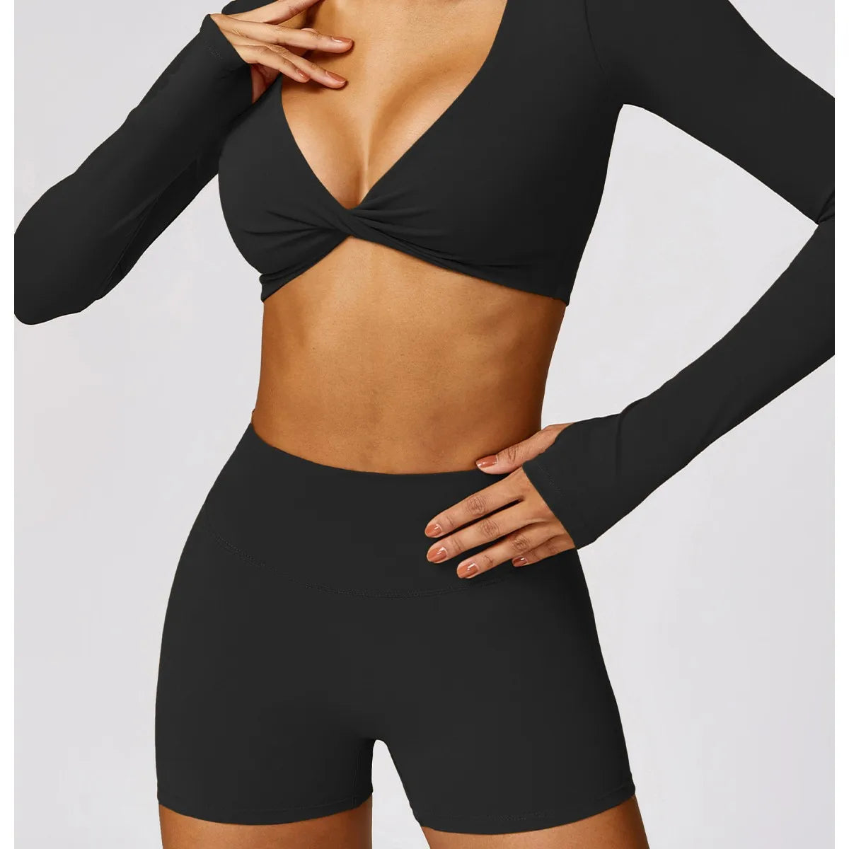 New Solid Pattern Fitness Clothes Long Sleeve Sports Running Dance Yoga Shorts V-Neck Quick-Drying Breathable