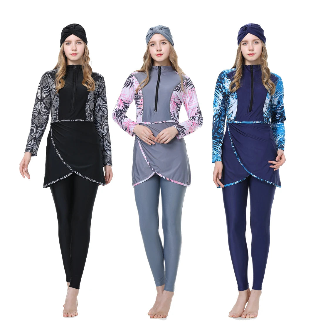2022 Modest Women's Full Cover Muslim Swimwear 3PCS Floral Plus Size Islamic Sports Swimsuit Beachwear Hijab Long Sleeve Burkini