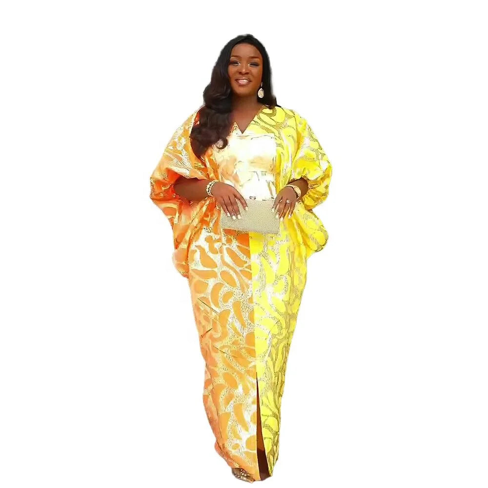 Unique Yellow Plus Size Women Kaftan Jacquard African Dress Free African American Clothing MegaBDM