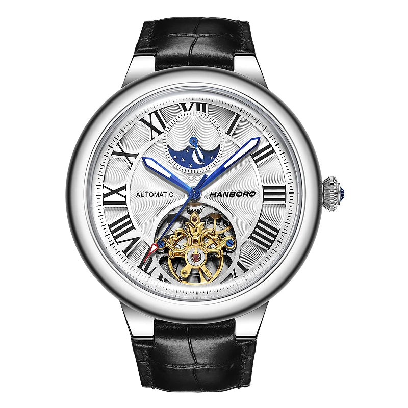 HANBORO Men's Automatic Mechanical Watch Skeletonized Flower Balance Wheel Spaceballs Diamond Bezel Glass Pointer Personalized