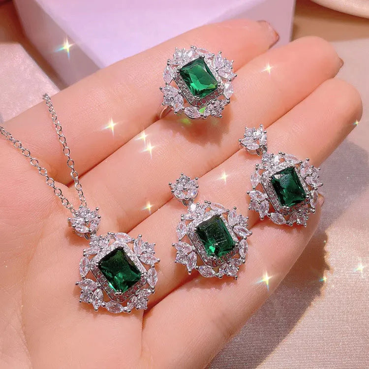 Retro Emerald Gemstone Zircon Jewelry Sets Luxury Wedding Green Cubic Zirconia Necklace Earrings Rings Jewelry Set for Women