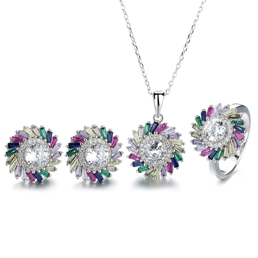 Luxurious Ladies Jewelry Set Colorful Gems Neckchain Pendant Earring Ring Wedding Gift