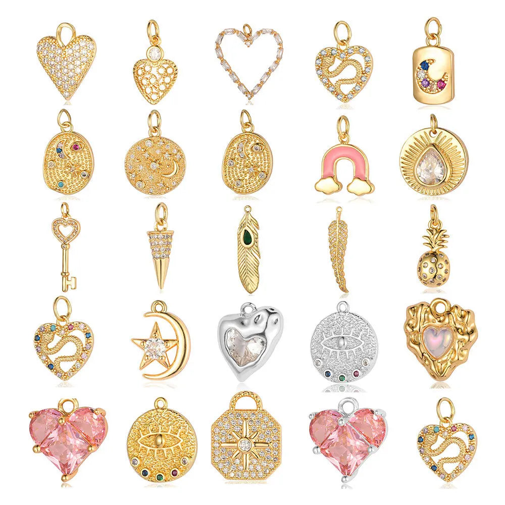 Beimai OEM Accessories Heart Key Rainbow Feather Snake Star Moon Pineapple Eye Copper Zircon Pendant Jewelry Accessories