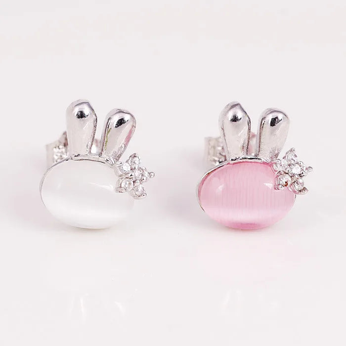 Real 925 Sterling Silver Rabbit Opal Stud Earrings for Women Girls Fashion Sterling-silver-jewelry Brincos Brinco Cute Earrings