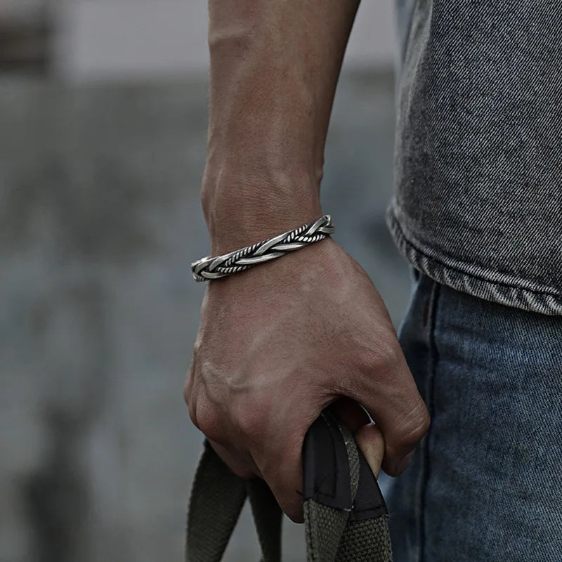 Opening Adjustable Punk Bracelet Minimalist Jewelry 925 Sterling Silver Plated Braided Herringbone Chain Cuff Men Bracelet