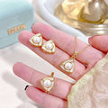 Gold Plated Seawater Shell Inlaid Triangle Natural Freshwater Pearl Pendant Necklace Ring Earring Set Three Piece Party Jewelry