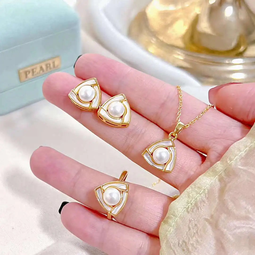 Gold Plated Seawater Shell Inlaid Triangle Natural Freshwater Pearl Pendant Necklace Ring Earring Set Three Piece Party Jewelry
