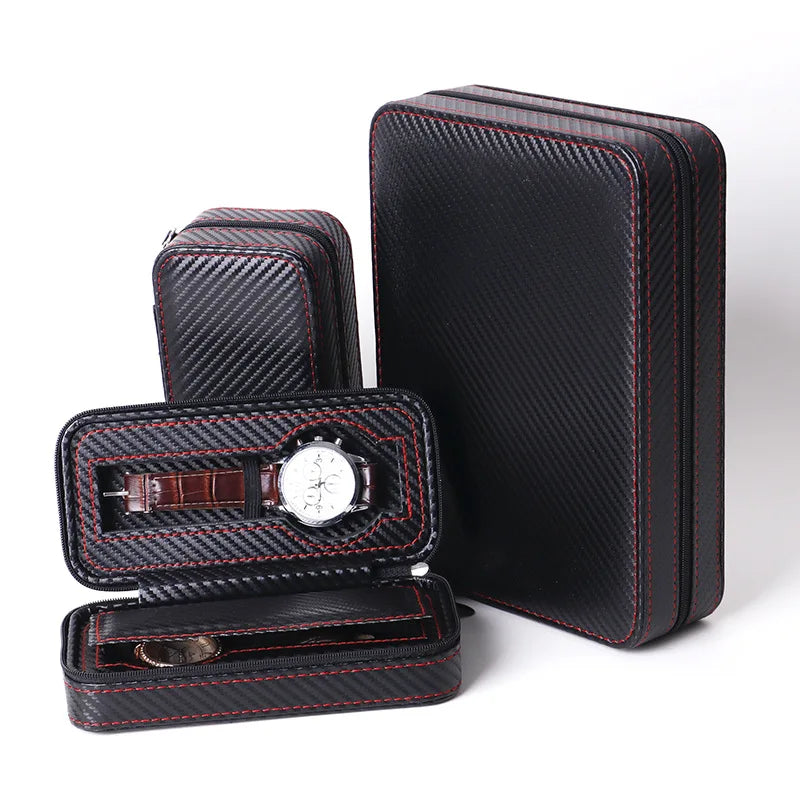 Luxury Custom Logo Black Carbon Fiber PU Leather Protective Watch Travel Case with 2/4/8 Slots and Zipper Closure