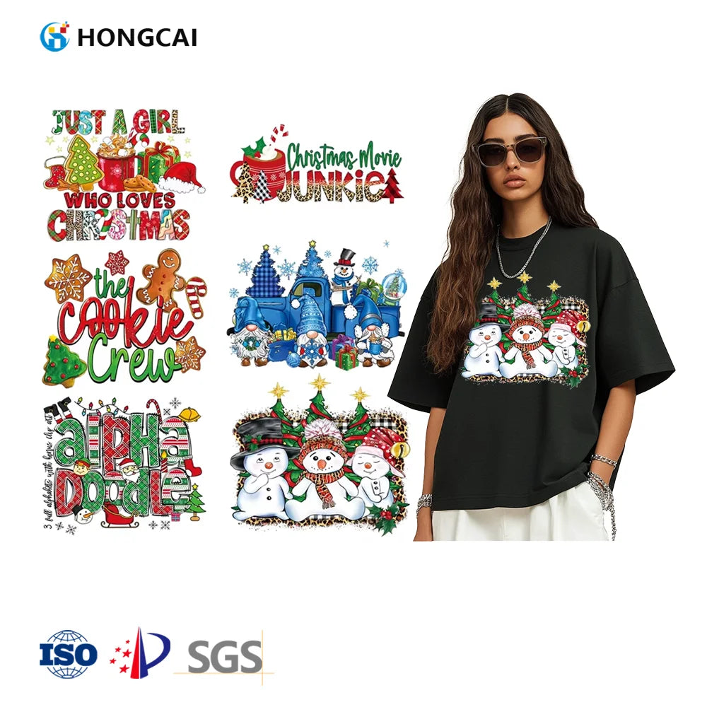 Hongcai Christmas Print Transfer Dtf Heat Transfer for T-shirt Heat Transfer Film Cute Christmas Design Sticker