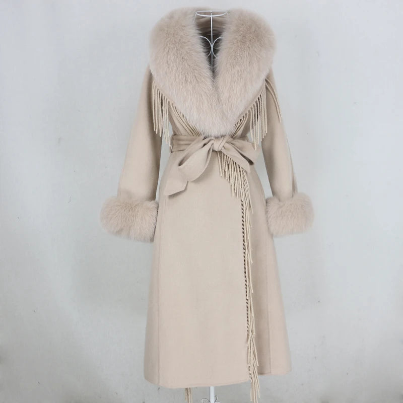OFTBUY 2023 X-long Tassel Cashmere Wool Blends Real Fur Coat Belt Winter Jacket Women Natural Fox Fur Collar Cuffs Streetwear