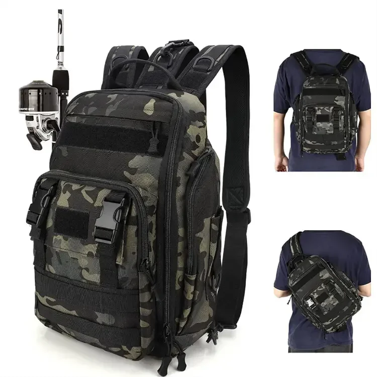 Tactical Fishing Sling Pack Outdoor Tackle Bag with Rod Holder Waterproof Pockets Compact Lure Storage for Fly/Spinning Fishing