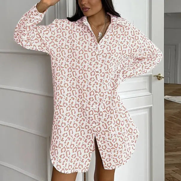 Enyami Women's Leopard Print Elegance Ruffled Long Sleeve Dress Loose Fit Oversized 100% Cotton Softness Fall Blouse Shirt